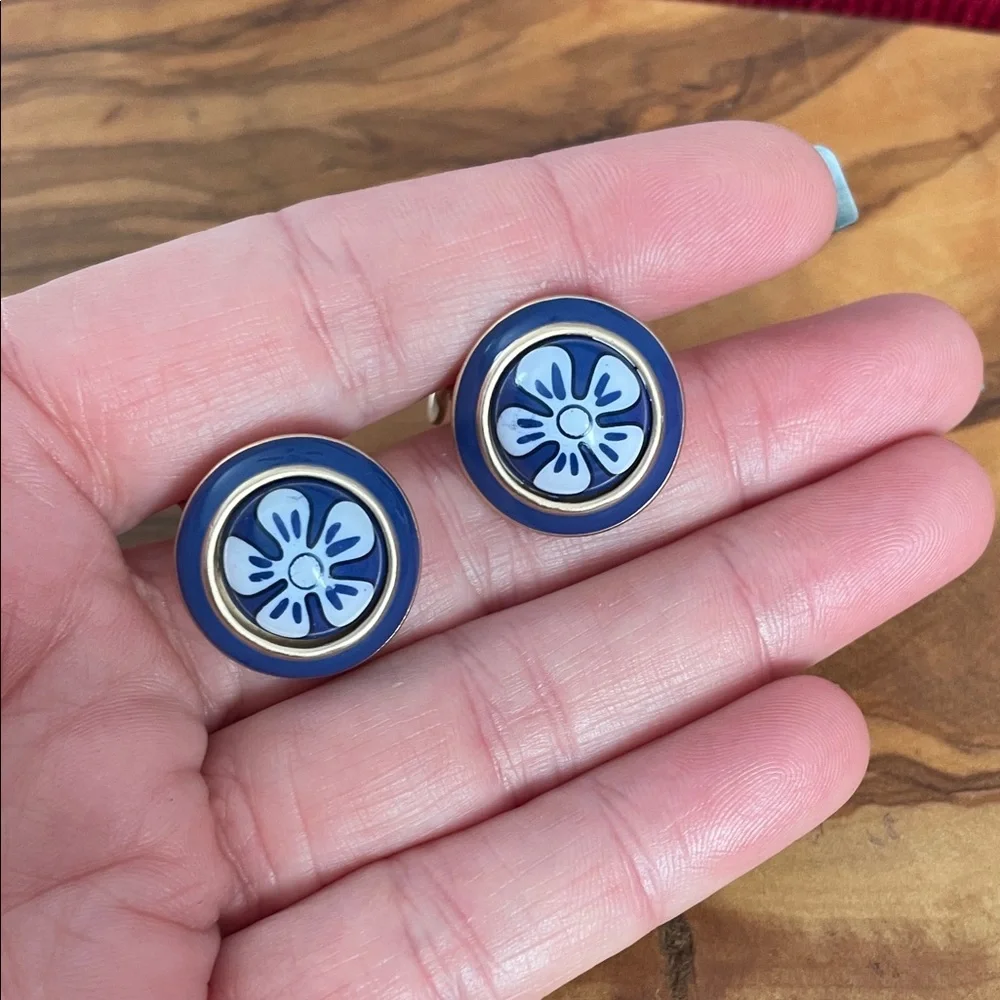 Blue and Gold Floral Clip On Earrings